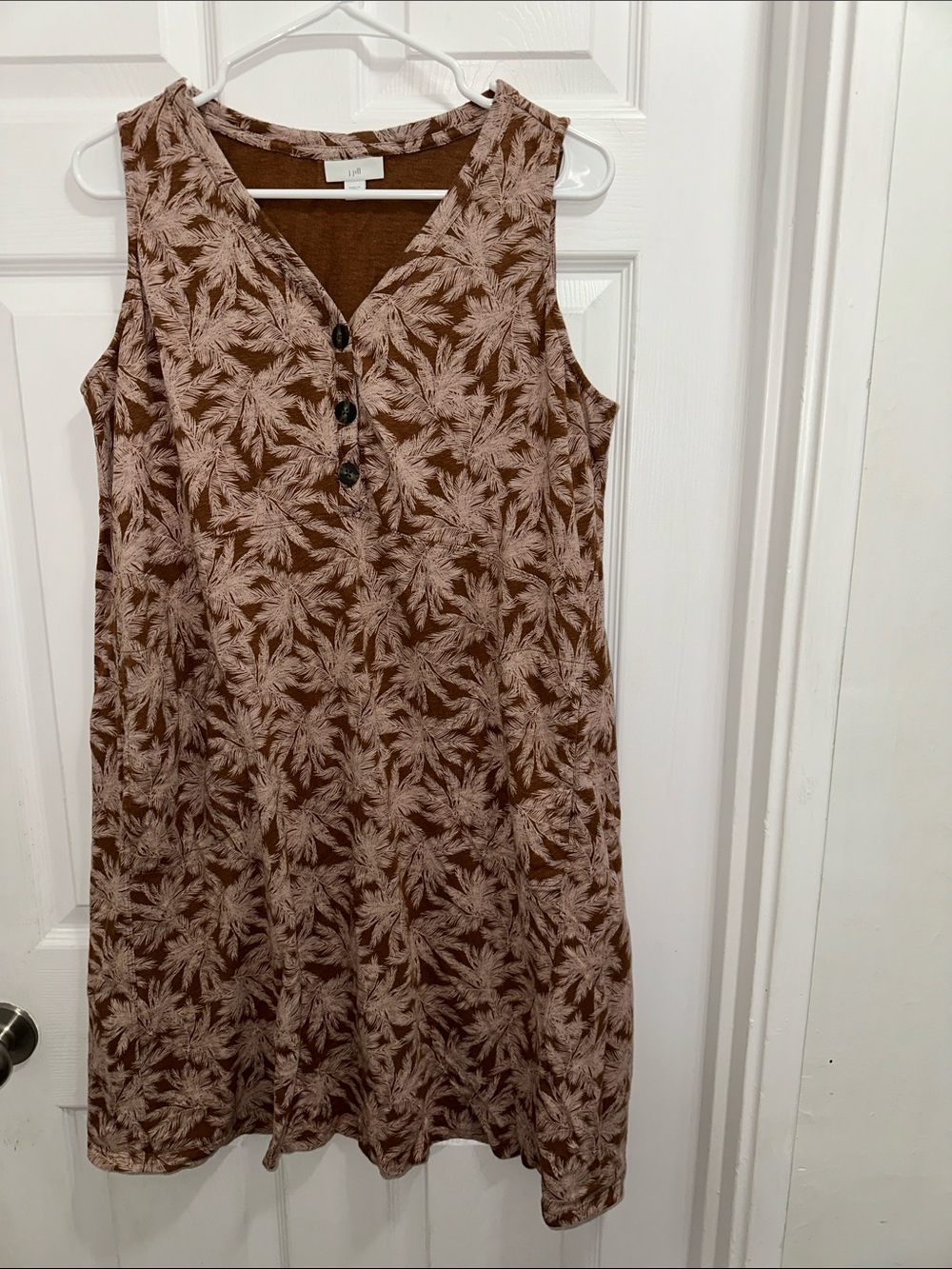 J Jill Cotton & Tencel Sleeveless Brown Leaf-Print Shift Dress